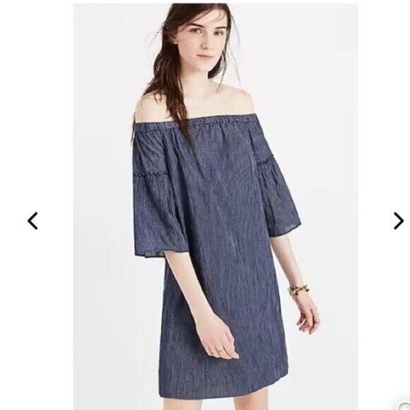 Madewell Women’s Navy Blue Pinstripe Off the Shoulder Bell Sleeve Dress Size 14 - Picture 6 of 8